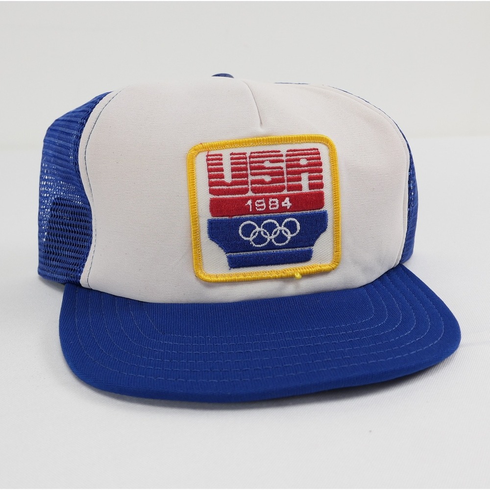 Vintage 1984 USA Olympics Trucker Hat Mesh Snapback Red White Blue Cap READ